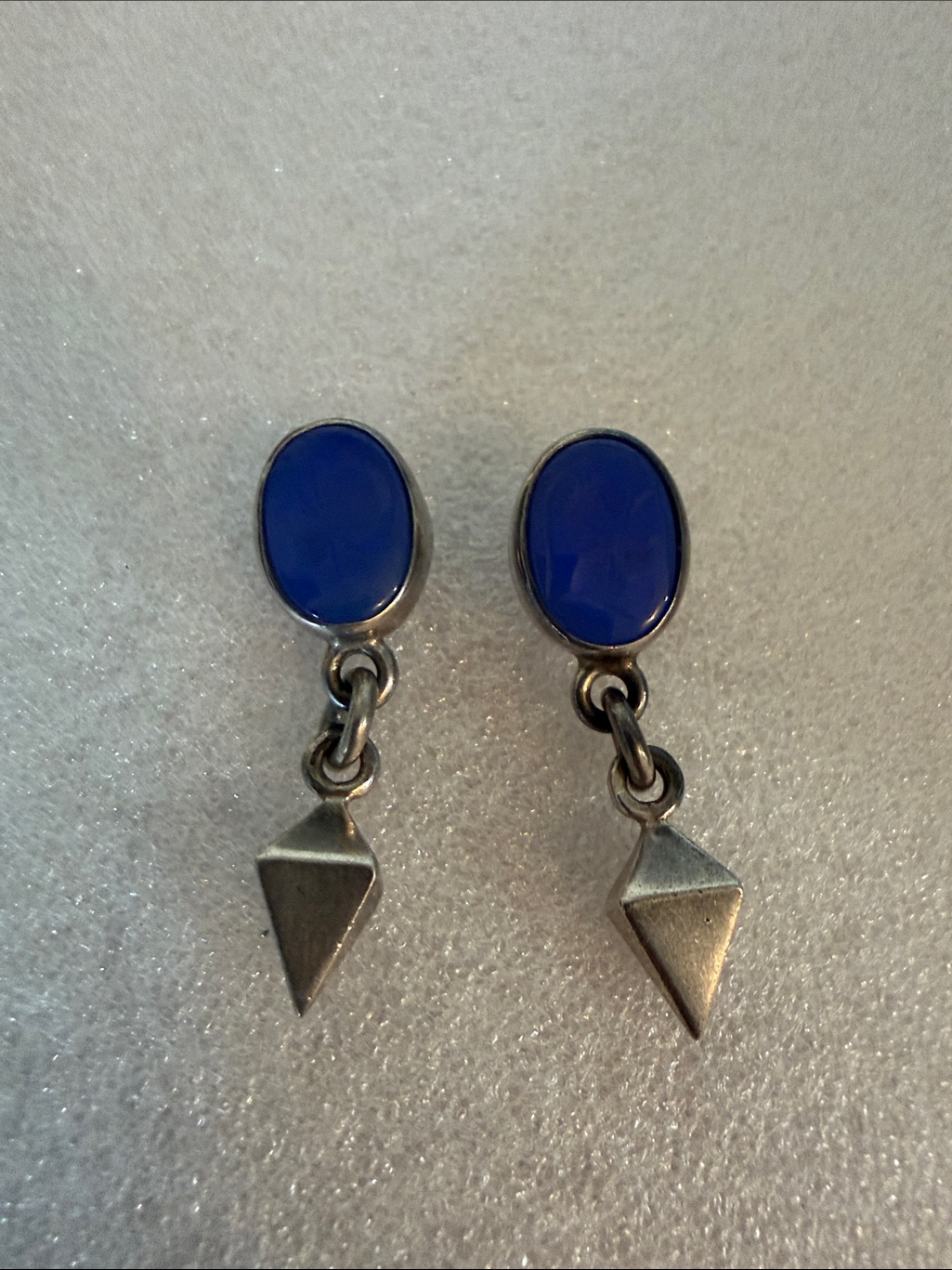 Silver Drop Earrings With Royal Blue Intaglio Agate Stones